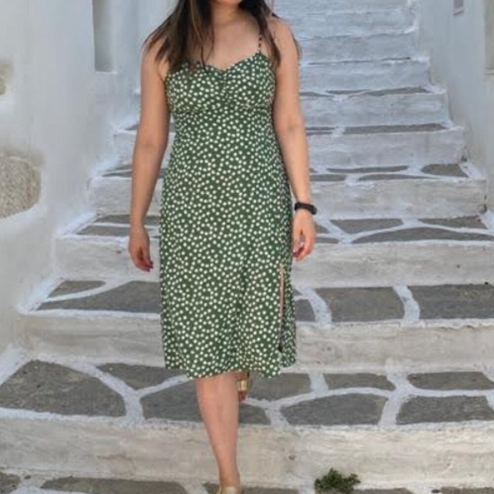 Green Floral Print Summer Midi Dress - Size Medium